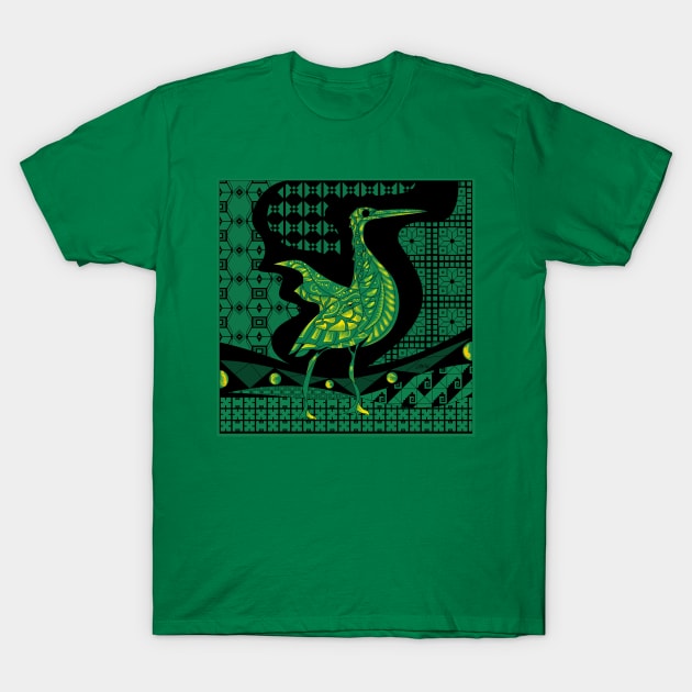 green in jade agami heron bird in ecopop talavera pattern wallpaper of wonder T-Shirt by jorge_lebeau